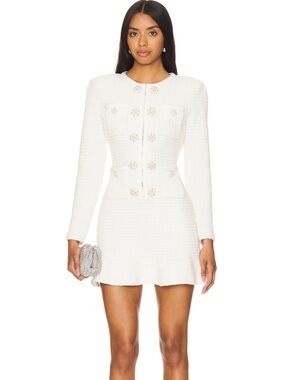 White Tweed Long-Sleeve Mini Dress